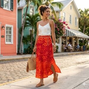 Judith Hart Collection Floral Maxi Skirt Red Orange Tropical Boho Size 14